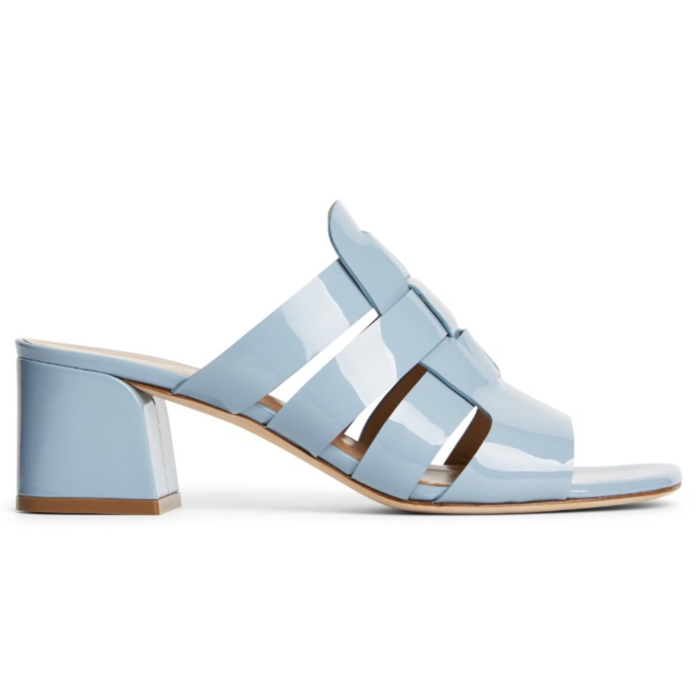 Women's Patent Leather Blue Slip On Sandal.